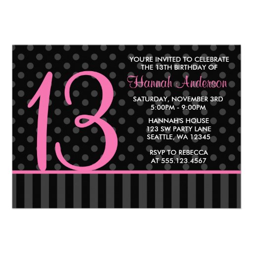 13th Birthday Pink and Black Polka Dot Stripes Invitations (front side)