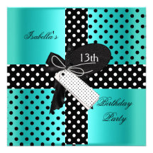 13th Birthday Polka Dot Teal Blue Black White Invite