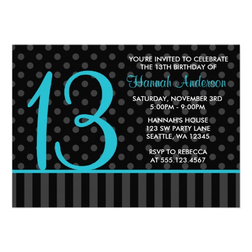 13th Birthday Teal Blue Black Polka Dot Stripes Personalized Invitation