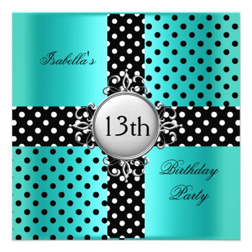13th Teen Birthday Party Teal Blue Black Polka Dot Custom Invites