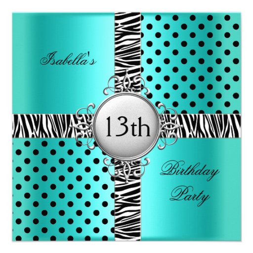 13th Teen Birthday Party Teal Blue Black Zebra Invitation