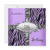 13th Teen Birthday Zebra Wild Purple Animal Black Custom Invites
