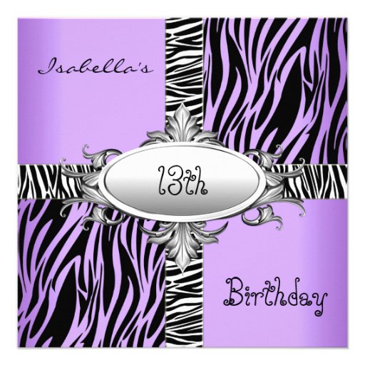 13th Teen Birthday Zebra Wild Purple Animal Black Custom Invites