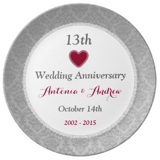 13th Wedding Anniversary Silver Damask W10C Porcelain Plate