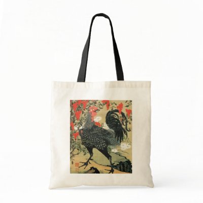 14. 南天雄鶏図, 若冲 Red Nuts and Rooster, Jakuchu Tote Bag by ukiyoemuseum