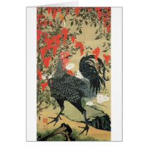 14. 南天雄鶏図, 若冲 Red Nuts and Rooster, Jakuchu Card