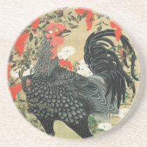 14. 南天雄鶏図, 若冲 Red Nuts and Rooster, Jakuchu Drink Coasters