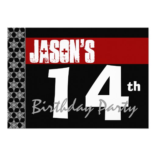 14th Birthday Party Modern Red Black and White Custom Invitations