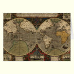 1595 Vintage World Map by Jodocus Hondius cards
