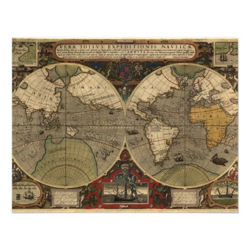 1595 Vintage World Map by Jodocus Hondius Announcement