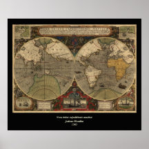 1595 Vintage World Map by Jodocus Hondius Print