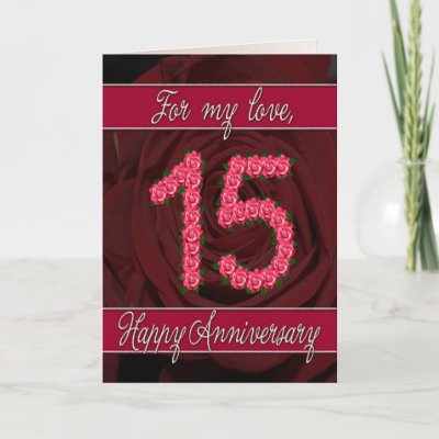 15th anniversary card with roses and leaves
