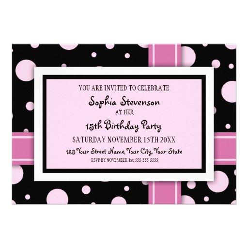 15th Birthday Party Invitation Pink Black Dots