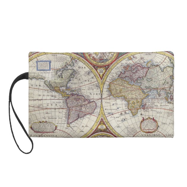 1626 Vintage World Map Wristlet Clutch