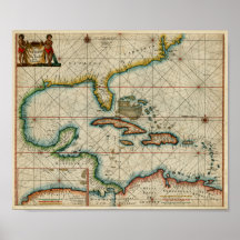 1666 Chart of Carribean Poster