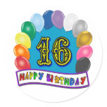 16th Birthday Gifts with Assorted Balloons Design Round Stickers