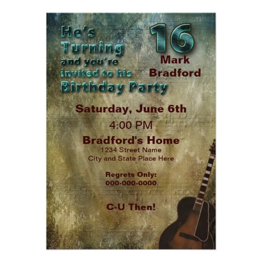 16th Birthday Invitation - Guitar/Male
