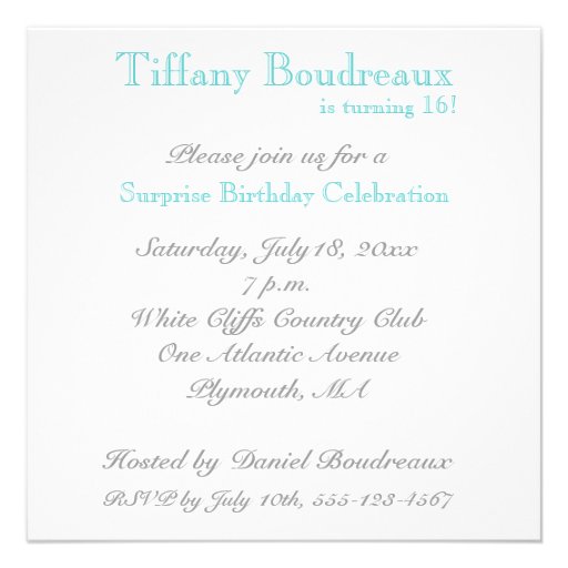 16th Birthday Party Invitation - Aqua