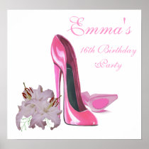 16th Birthday Party Poster with Pink Stiletto Shoe