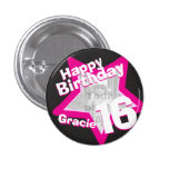 16th Birthday photo fun hot pink button/badge