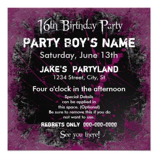 16th Grunge Birthday Party Invitations
