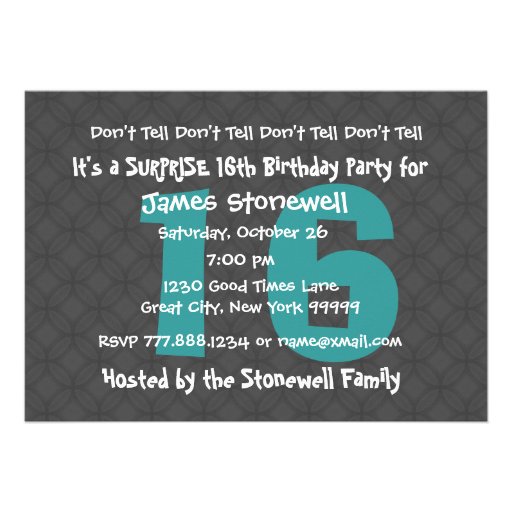 16th SURPRISE Birthday Modern Teal Charcoal W481 Personalized Invites