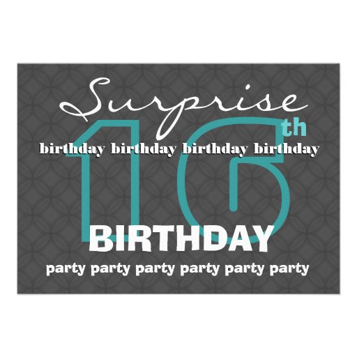 16th SURPRISE Birthday Modern Teal Charcoal W481 Personalized Invites