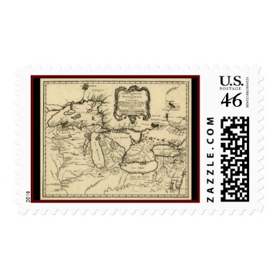 the Great Lakes transit route between the U.S. and Canada plays 1755 Great Lakes and New France / Canada Map Postage by ZephyrusBooks