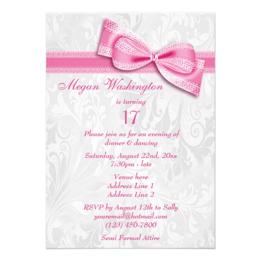 17th Birthday Party Damask and Pink Faux Bow Custom Announcement