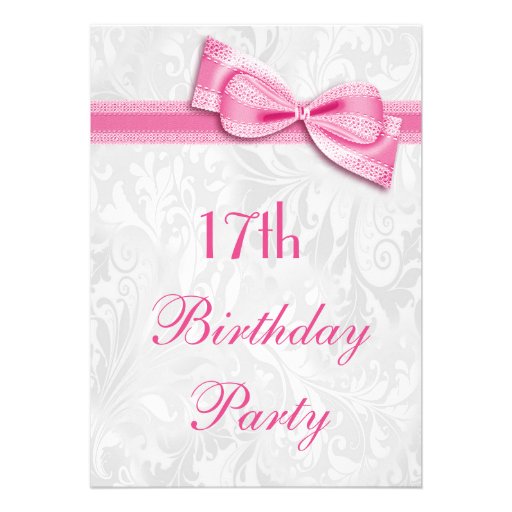 17th Birthday Party Damask and Pink Faux Bow Custom Announcement