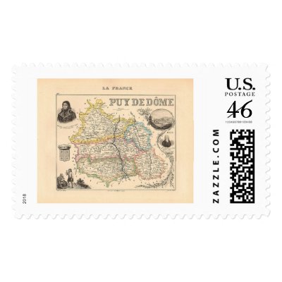 1858 Map of Puy de Dome Department, France Postage Stamps by ZephyrusBooks