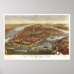 1870 New York City NY Birds Eye View Panoramic Map Poster