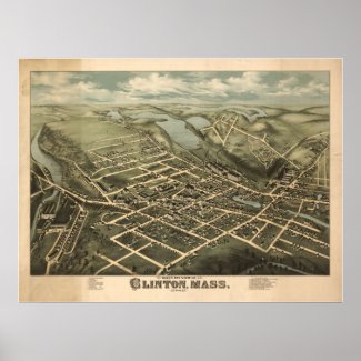 1876 Clinton, MA Birds Eye View Panoramic Map Print