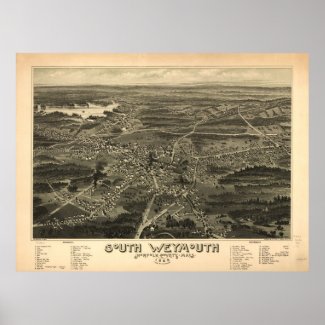 1885 South Weymouth, MA Birds Eye Panoramic Map print