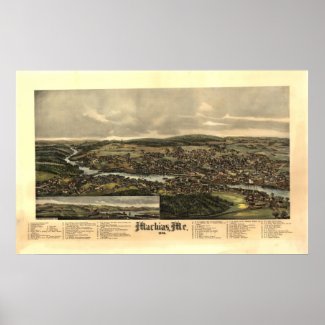 1896 Machias, ME Birds Eye View Panoramic Map Posters