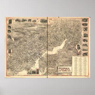 1899 Norwalk CT Birds Eye View Panoramic Map print