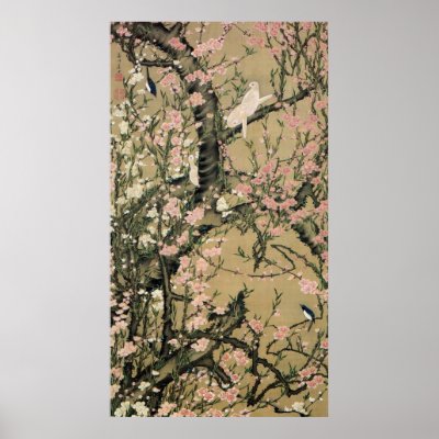 18.桃花小禽図, 若冲 Peach Blossoms & Small Birds, Jakuchū Posters by ukiyoemuseum