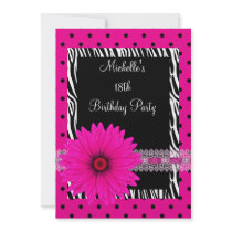 18th Birthday Black White Zebra Pink Spot Flower Personalized Announcements