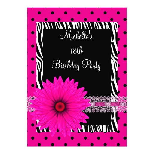 18th Birthday Black White Zebra Pink Spot Flower Personalized Announcements