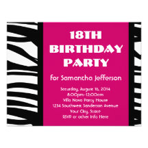 18th Hot Pink Zebra Invitations