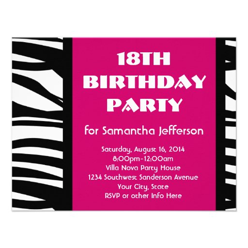 18th Hot Pink Zebra Invitations