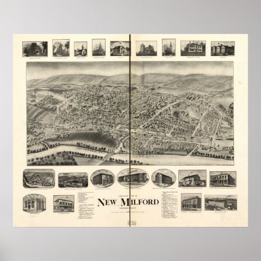 1906 New Milford CT Birds Eye View Panoramic Map Print