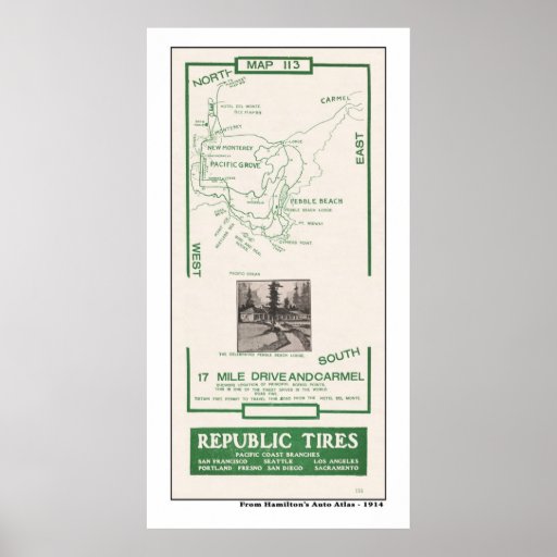 1914 Map, Pebble Beach, 17 mile drive, Carmel Poster | Zazzle