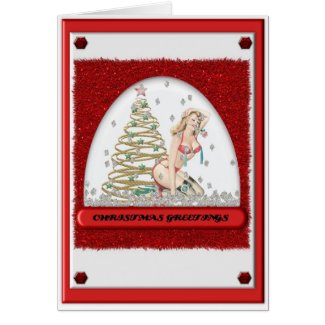 1950's pin up girl in snow globe christmas card card
