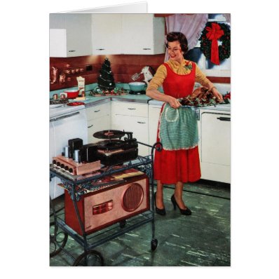 1950s retro vintage housewife in kitchen & turkey greeting card