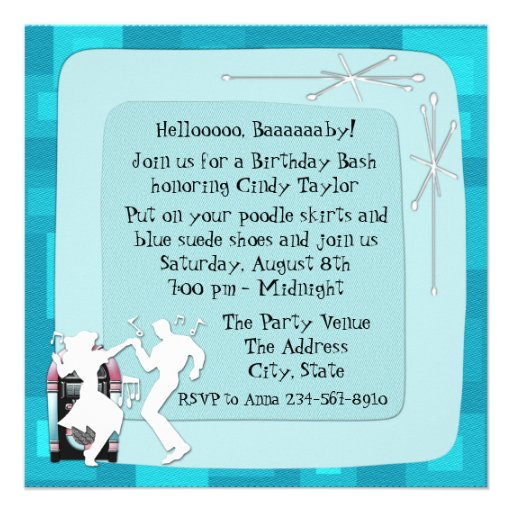 1950's Theme Birthday Party Custom Invitations