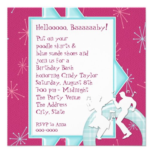 1950's Theme Birthday Party Invitations
