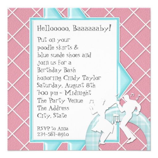 1950's Theme Birthday Party Invitations