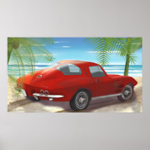 1963 Corvette Beach Scene Drawing Posters