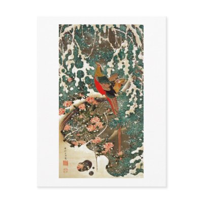 19. 雪中錦鶏図, 若冲 Pheasant in the Snow, Jakuchu Postcards by ukiyoemuseum